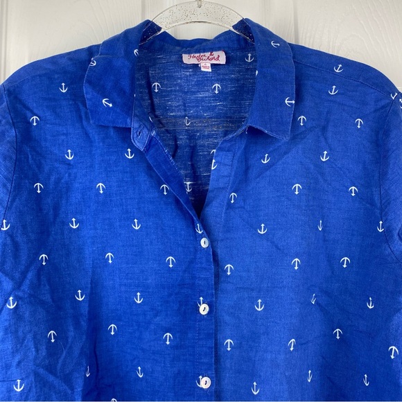 Hester & Orchard Linen Blend Anchor Print Front Tie Button Down Shirt - Picture 2 of 6